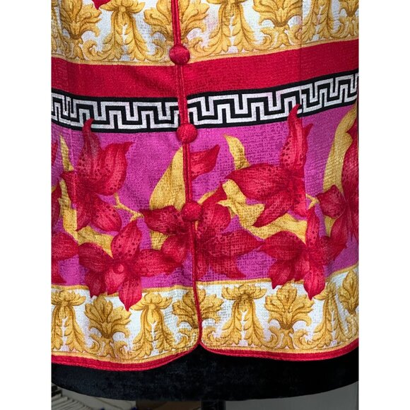 Vintage 100% Silk Floral Patterned Button Up Light Soft Jacket Vibrant Pink Gold - Picture 10 of 15